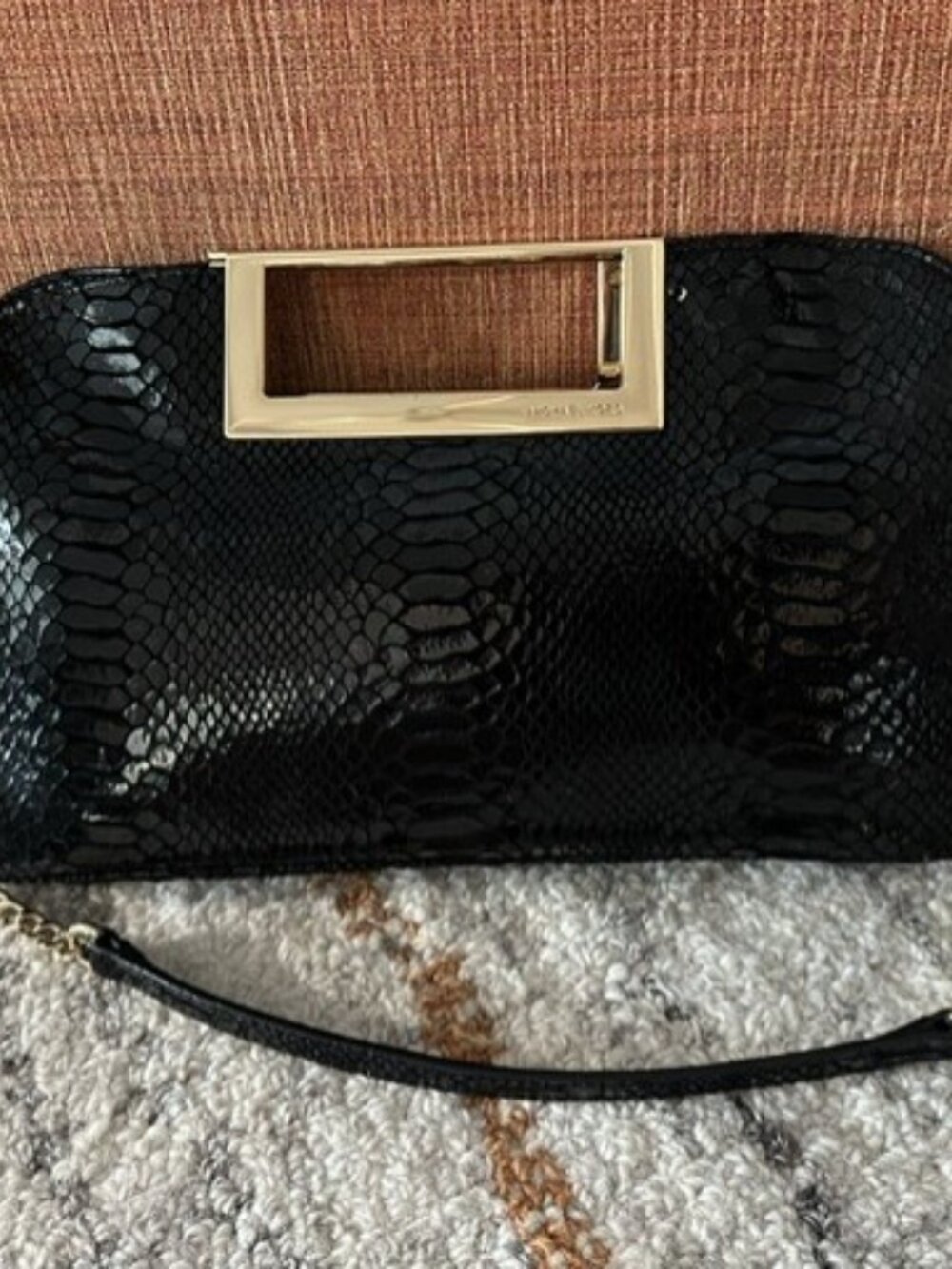 Michael Kors Berkley Clutch Leather Bag Black Embossed Snakeskin Python Gold